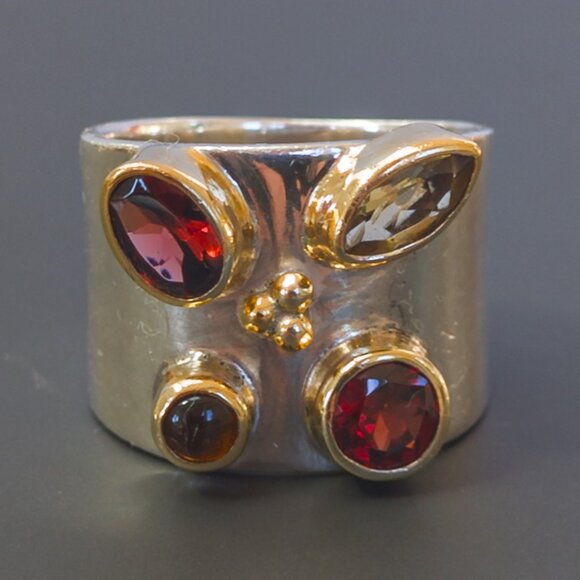 Michou Sterling & 22k Vermeil Wide-Band Ring w / Garnet, Citrine & Amber - Picture 13 of 13